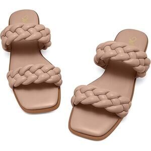 Athlefit Women's Braided Flat Sandal  Slip On Slides Woven Sandals Khaki Sz 8.5